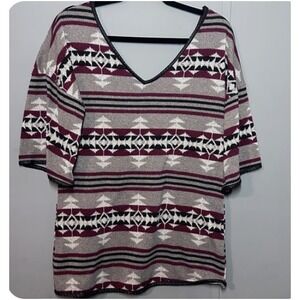 Coveted Tribal Aztech Kaftan Boho Sweater Shirt Faux Leather Trim V-kneck Small